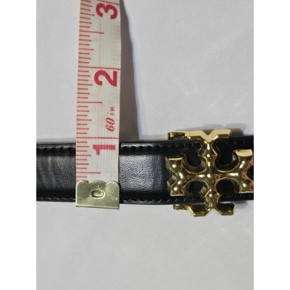 Tory Burch Kira Glazed Logo Belt In Black Womens Medium Adjustable Gold Buckle
